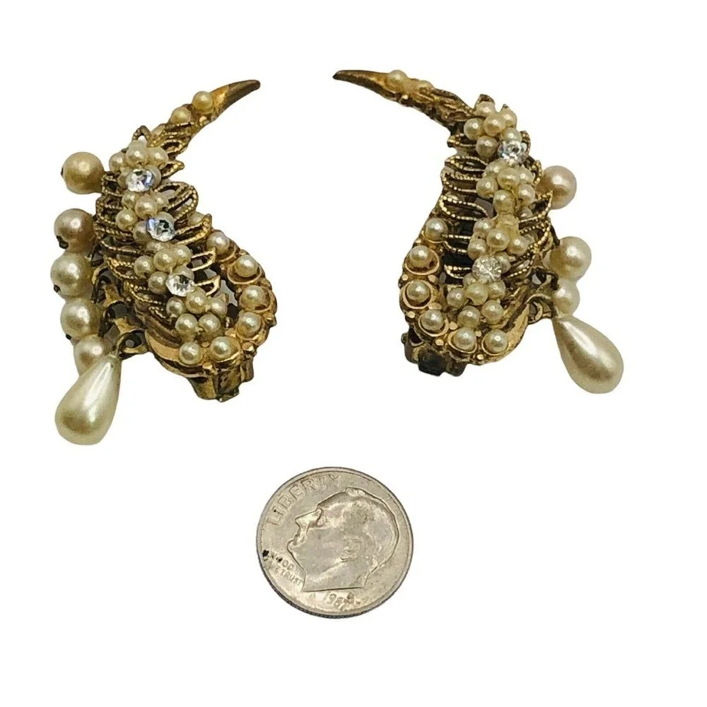 Vintage Crescent Shape Gold Tone Pearl Rhinestone Clip on Hug Ear Earrings